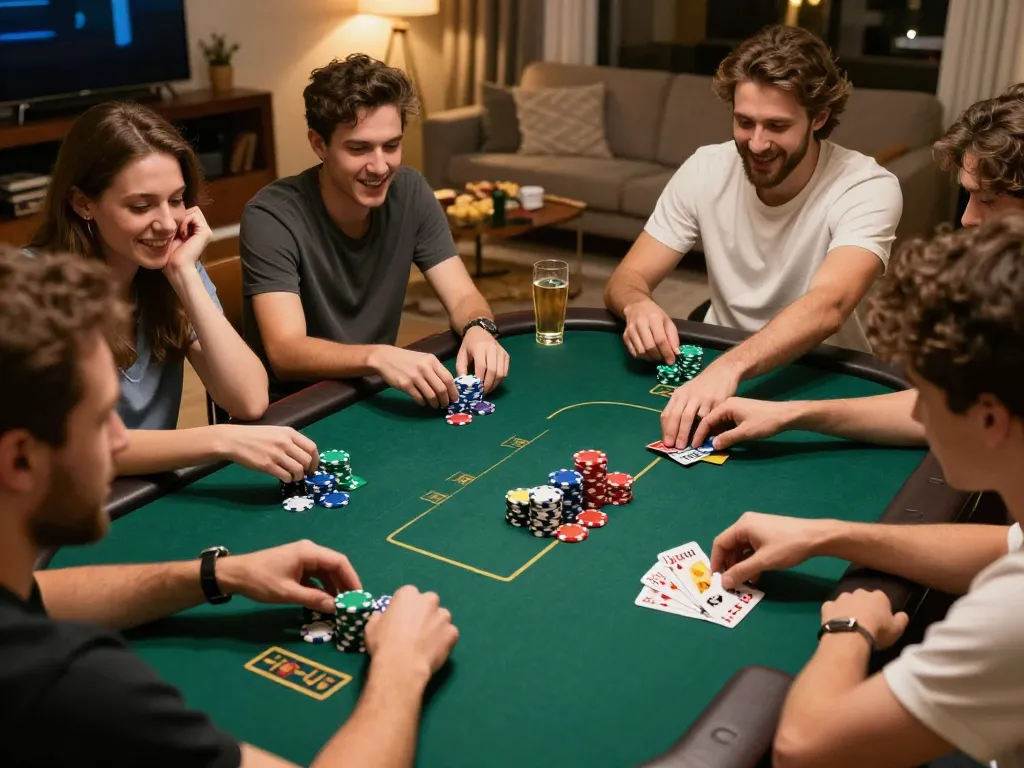 Friends enjoying a lively poker game night with 33winvn gaming strategies in a cozy atmosphere