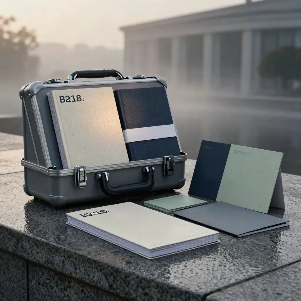 Deal-closing kit with workbooks and cards on wet stone in dawn mist.