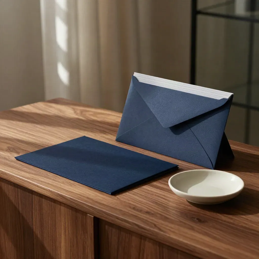 Unbranded proposal follow-up kit on warm wood beside a ceramic dish in afternoon light.