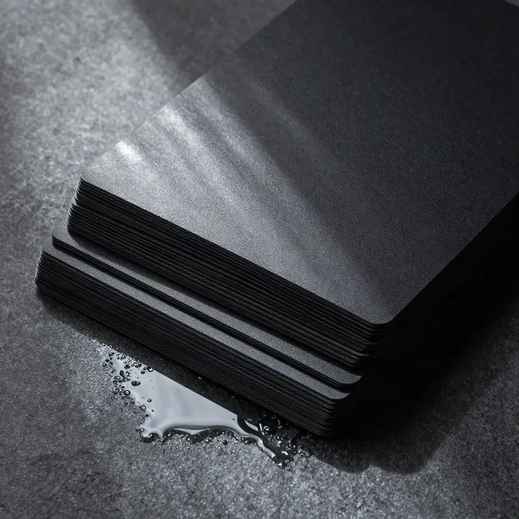 Black objection script folio, blank cards, sleeve and divider stack on wet stone