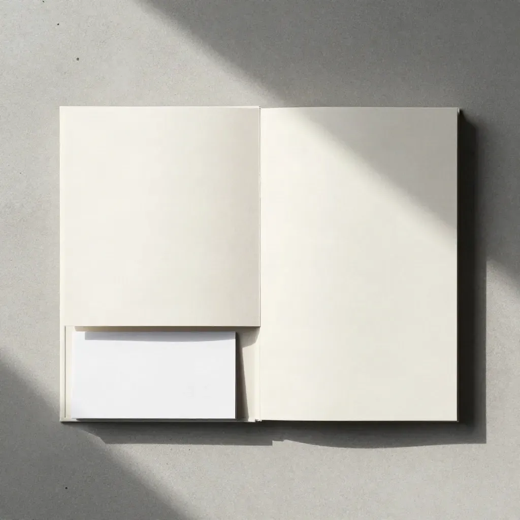 Overhead flatlay of an off-white sales playbook box with inserts and a divider stack on pale concrete.