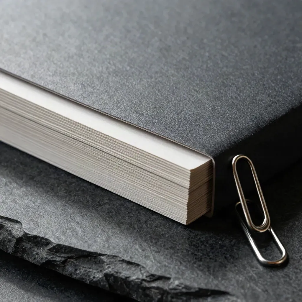 Macro of a booklet, card deck, and paperclip on a charcoal slab under a hard beam.