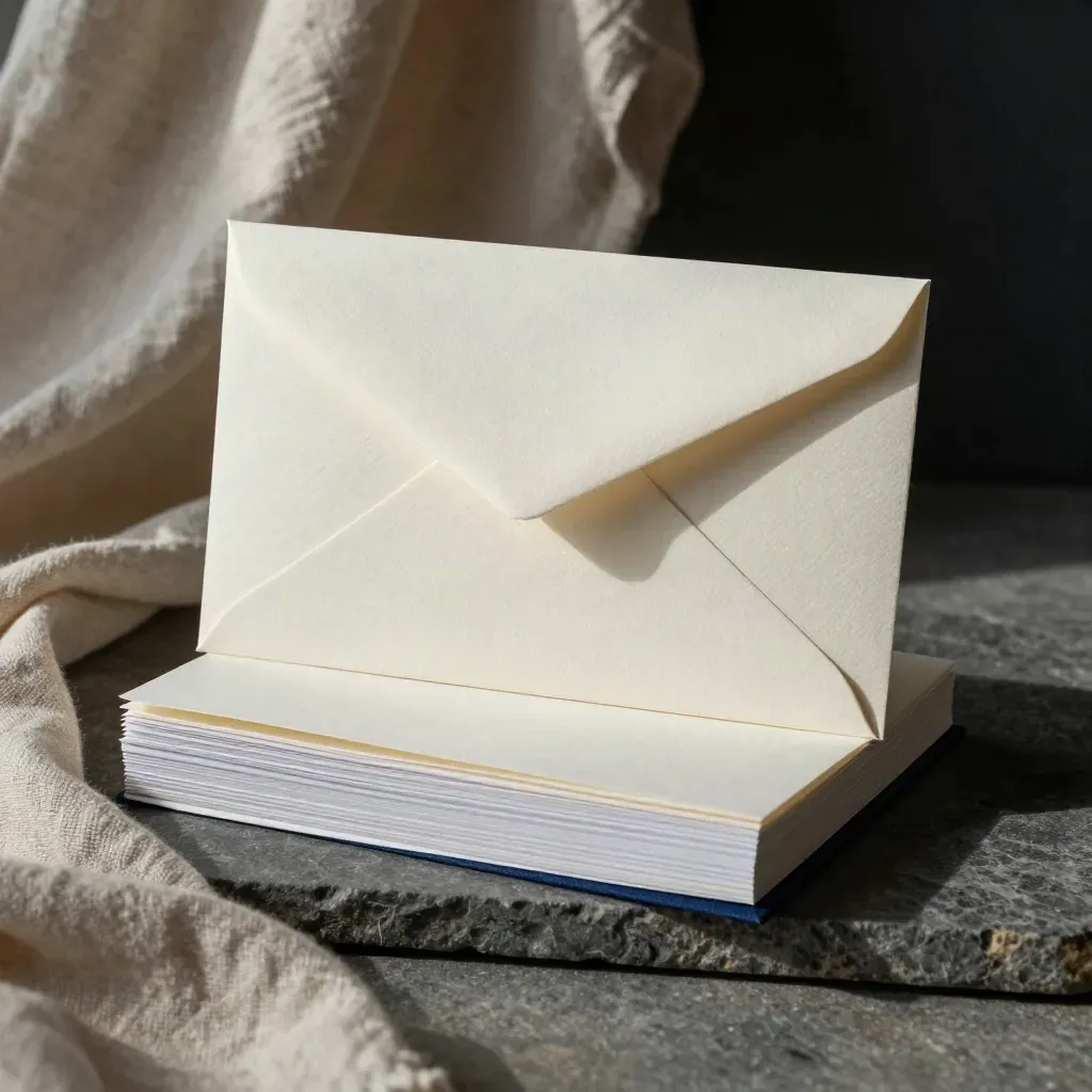 Off-white sales call pack peeking from flax cloth on brushed stone, with matching envelope and tabs.