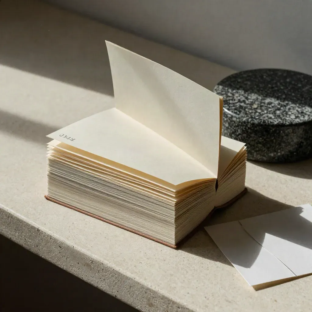 Opened review pack beside stone paperweight and blank scorecards on a pale plaster bench.