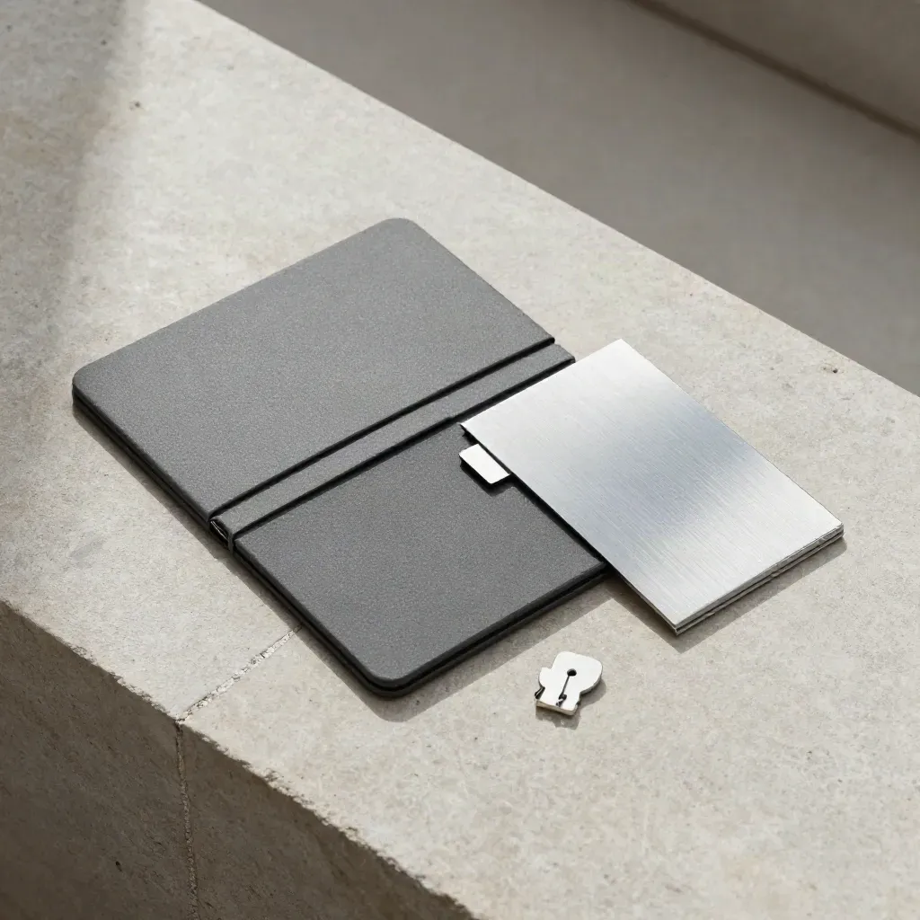 Overhead flat lay of a closing talk track kit with case, folded insert and metal clip on stone.