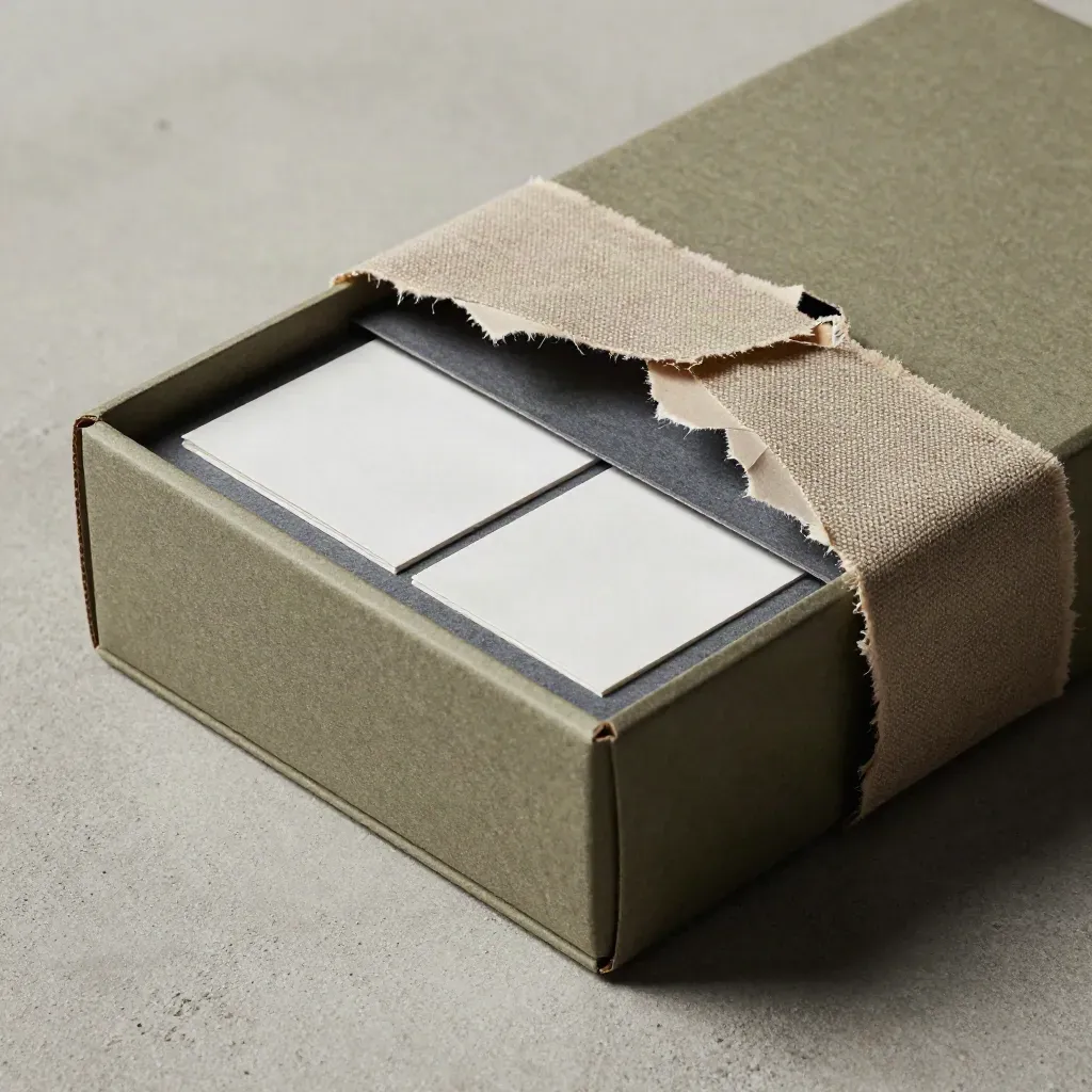 Torn-open audit box on concrete with flax wrap, blank cards, and a slate divider.