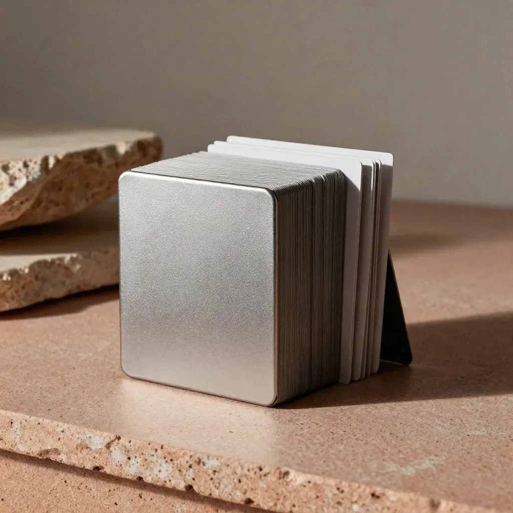 Sculptural objection reply card deck and slips on pale terracotta stone under hard upper-left light.