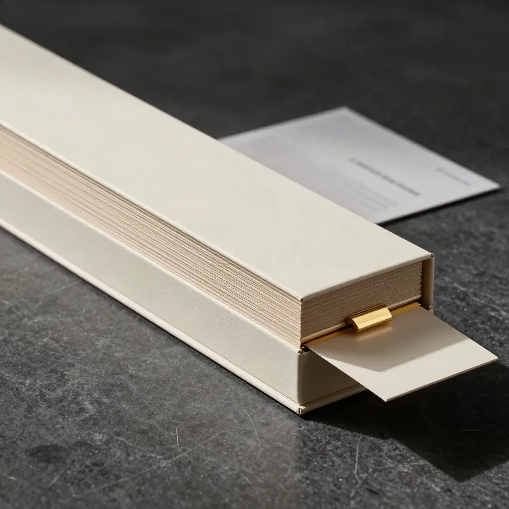 Ivory proposal chase box with stepped inserts and brass clip on dark stone.
