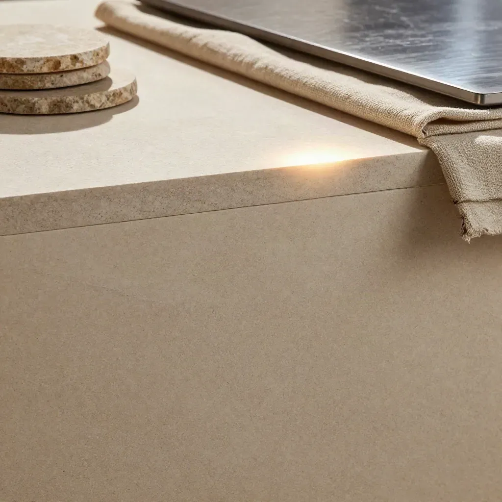 Travertine surface with stone coasters, linen runner, and brushed metal in soft daylight.