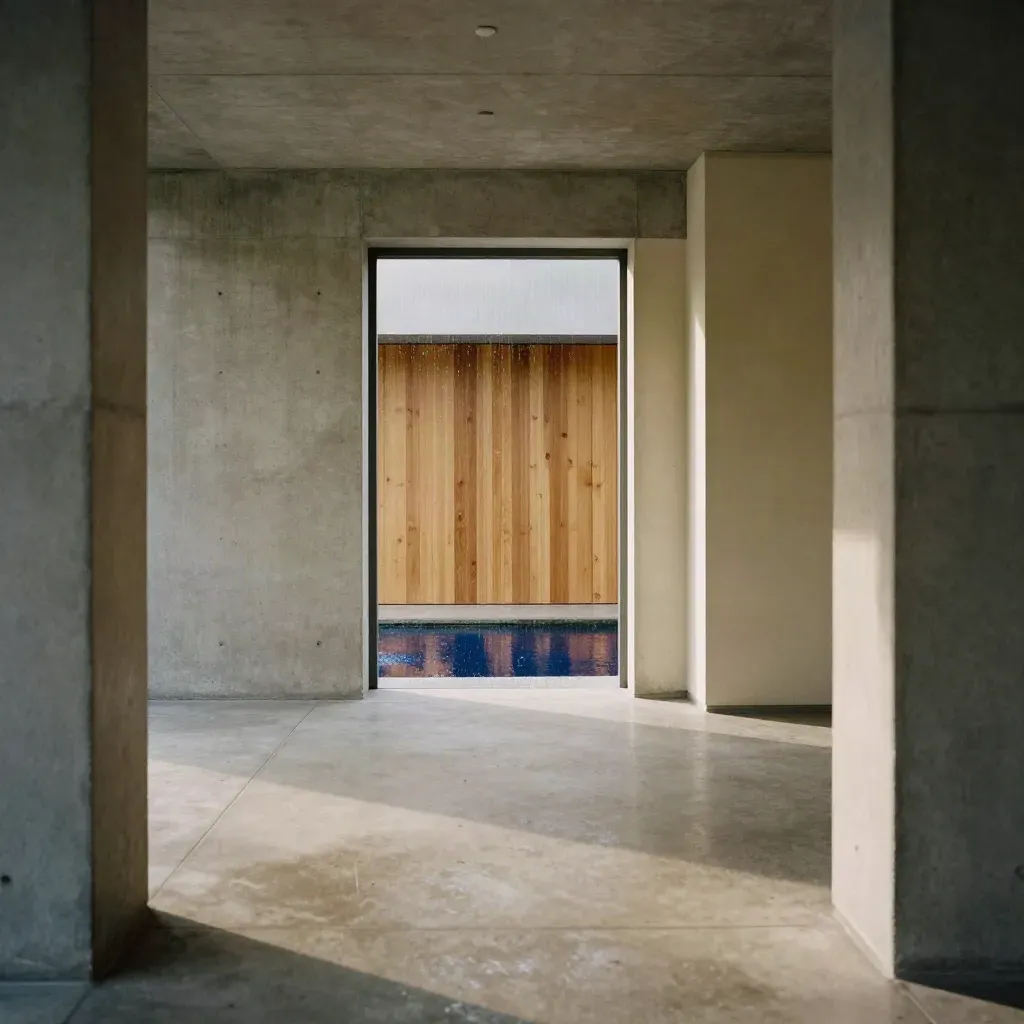 Rain-slick concrete corridor opening to a bright boardroom doorway with oak slats and frosted glass.