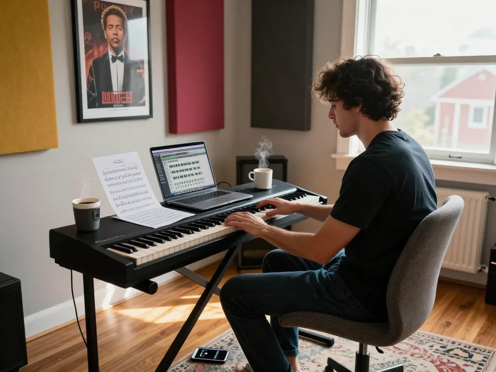 Creating music with the Roland GO 88 digital piano in a warm home studio.