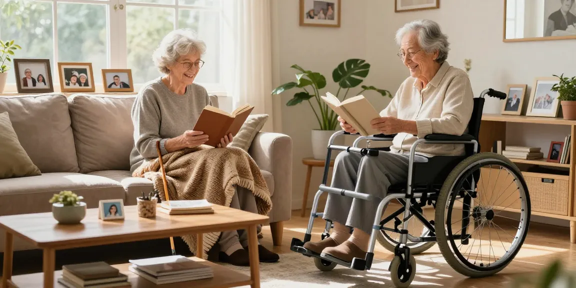 Buy nobility aids for seniors, showcasing a cozy home setting with mobility devices like a cane and wheelchair.