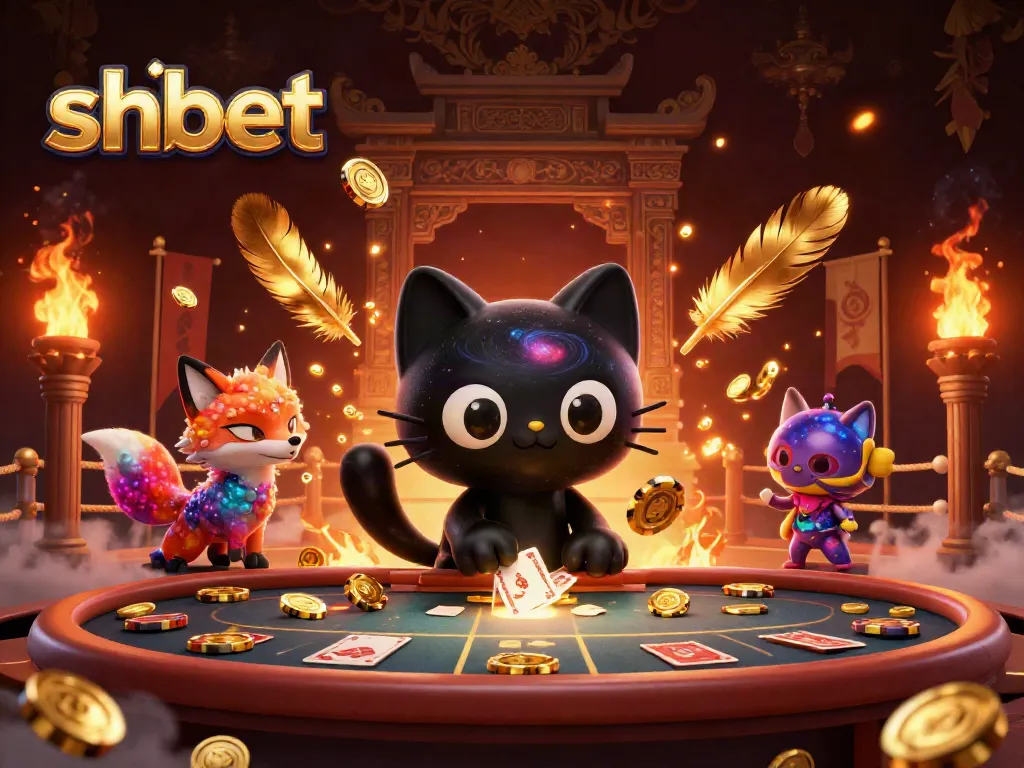 Engage with shbet's online casino atmosphere featuring a black hole cat and nebula fox surrounded by colorful gaming elements.