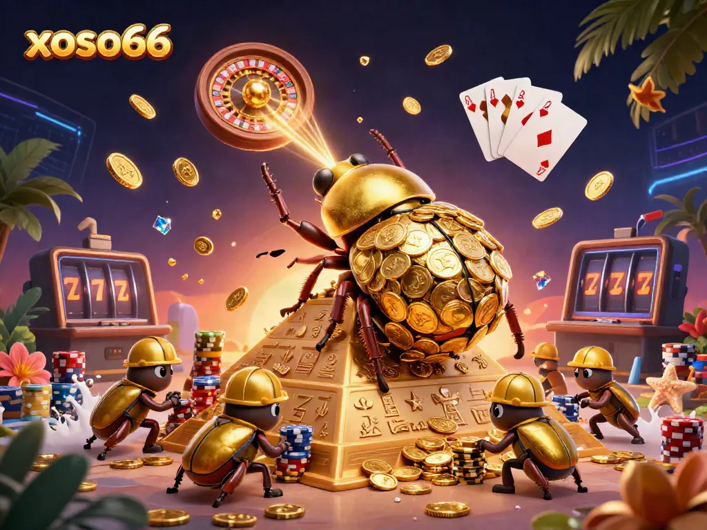 Experience xoso66 through rich visuals of a dynamic casino illustration filled with gold and vibrant gameplay elements.