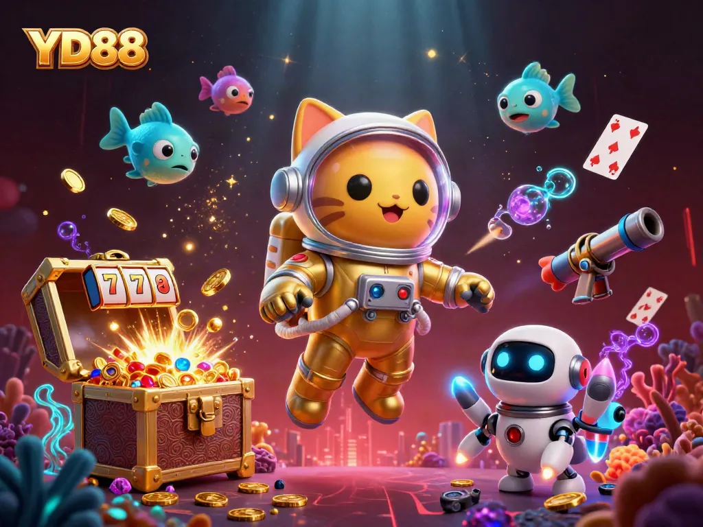 Experience thrilling YD88 gaming with a 3D astronaut cat and vibrant casino elements.