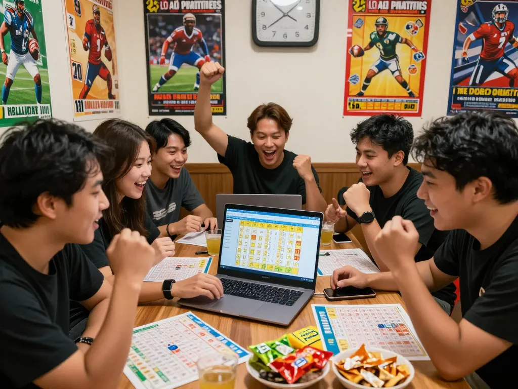 Friends enjoying the excitement of lô đề online betting at home with vibrant decor and strategy charts.