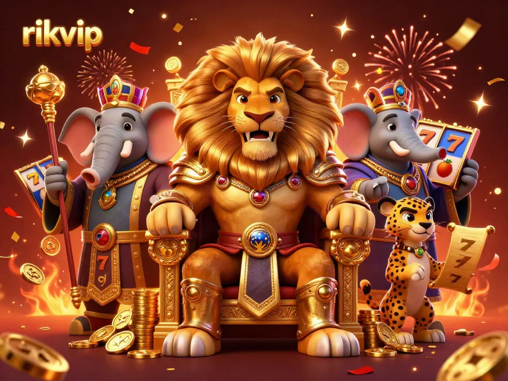 Engage with the exciting world of rikvip through dynamic 3D casino illustration featuring royal characters and vibrant elements.
