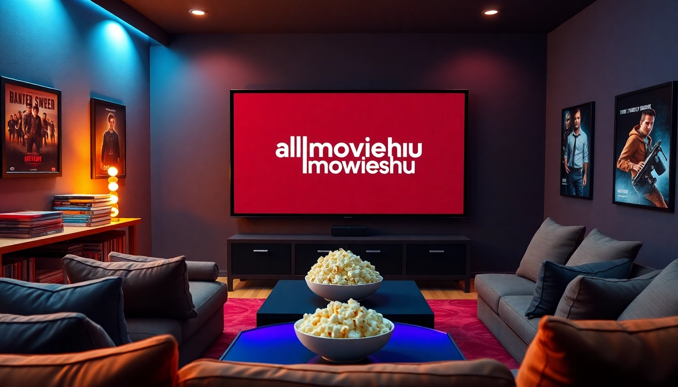 Cozy home theater featuring allmovieshub logo on large screen, popcorn, and movie posters.