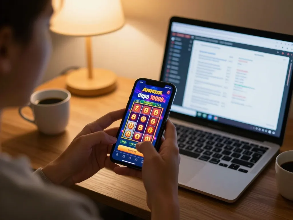 Enjoying slot depo 10000 games on a mobile app in a cozy home setting, focusing on responsible gaming.