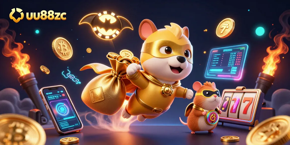 Experience thrilling victories with uu88zc, featuring a superhero dog and hamster amidst vibrant gaming elements.