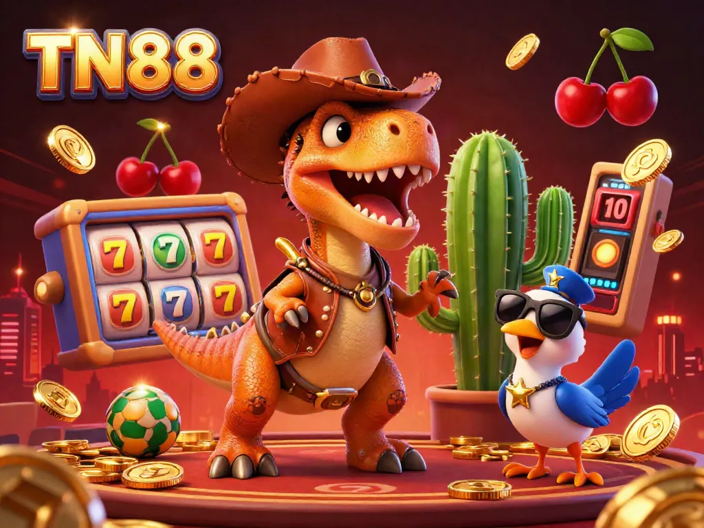 Engage with the TN88 dynamic casino scene featuring a T-Rex, cactus, and roadrunner surrounded by slot reels and golden coins.