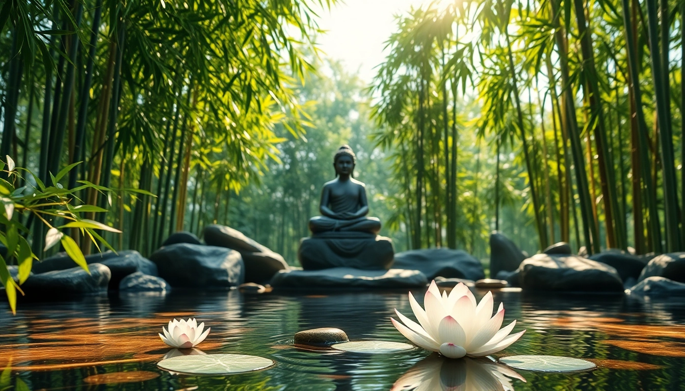Illustration of a meditating statue in a zen garden, representing stress and anxiety relief.