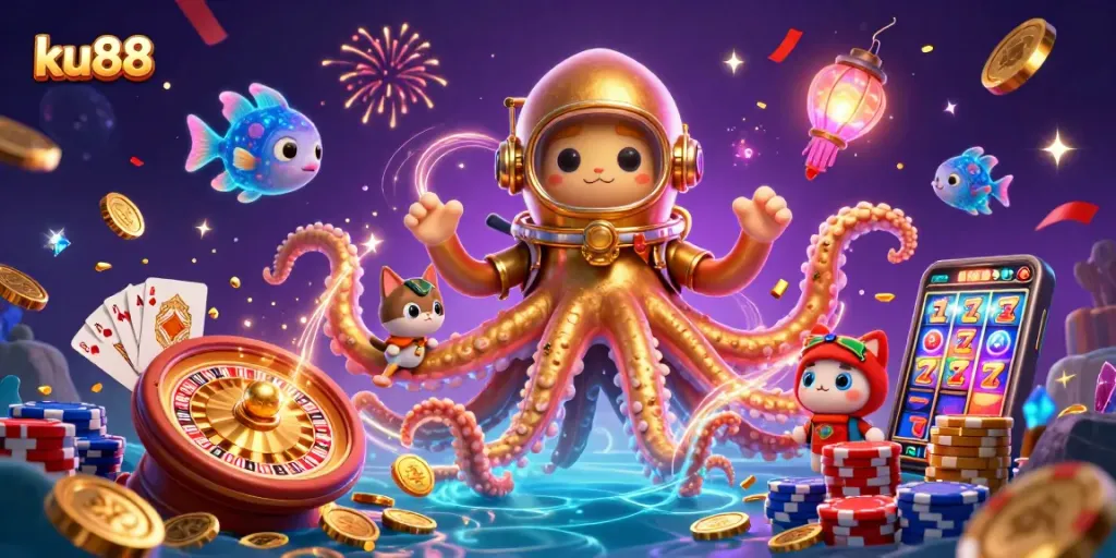 ku88 brings action to life with a kraken, diving cat, and treasures in this vibrant casino scene.