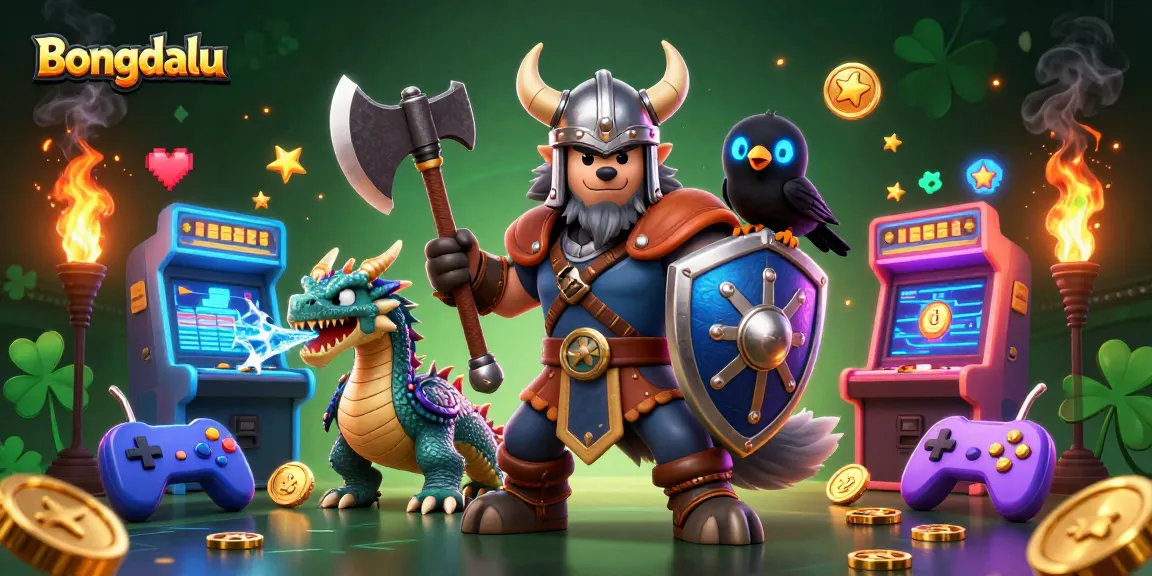 Bongdalu showcases a Viking warrior with a dragon in a vibrant casino scene filled with games and excitement.