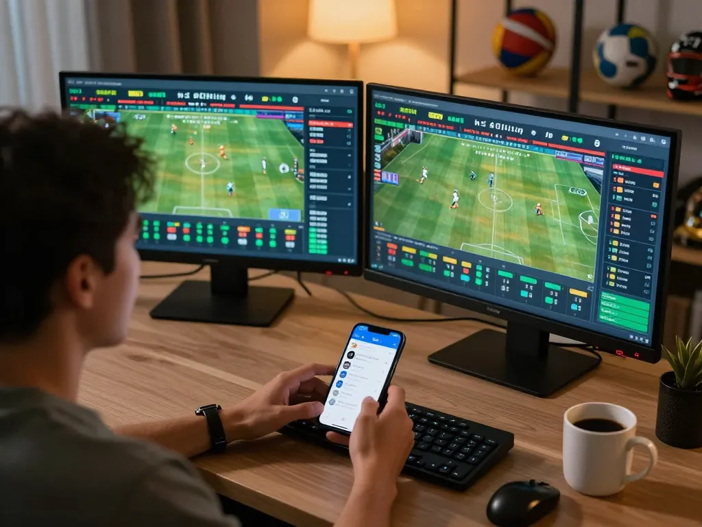 Exciting sports betting action on dual monitors and mobile app in a modern home setup featuring DA88.