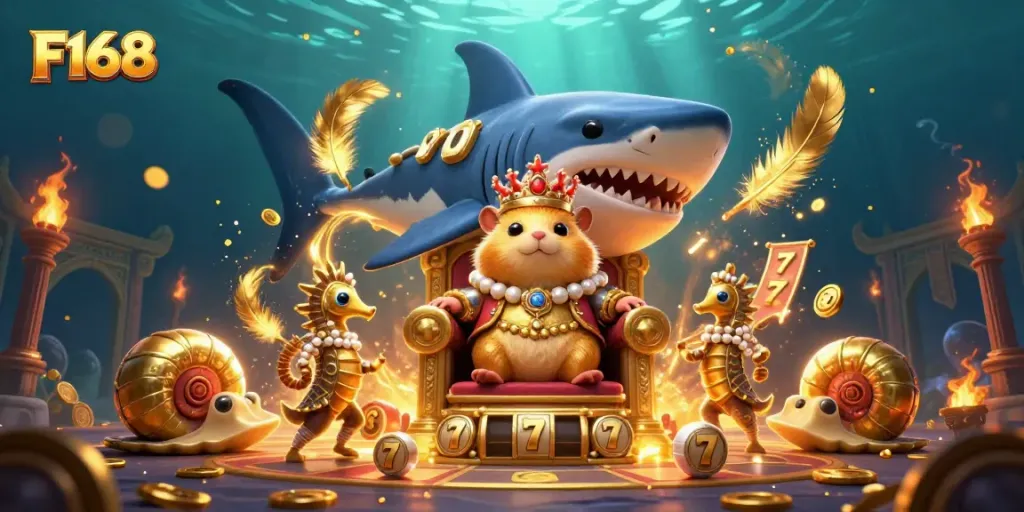 F168 brings excitement to the casino with a vibrant and dynamic depiction of a hamster king amidst game elements.