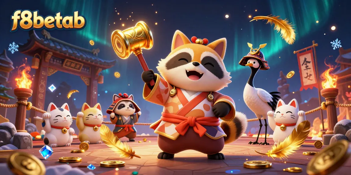 Experience the vibrant excitement of f8betab with a dynamic casino scene featuring a cheerful tanuki and fortune cats.