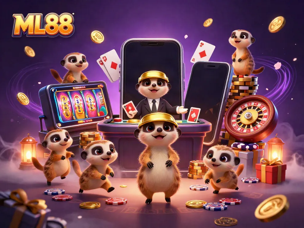 Experience exhilarating gaming at ML88 with lively meerkats managing a bustling casino scene.