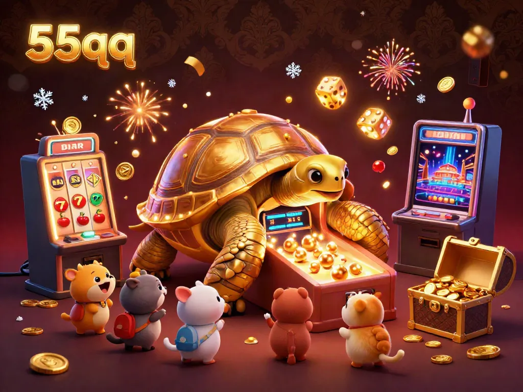 Play exciting casino games at 55qq with dynamic visuals of a golden tortoise and slot machines.