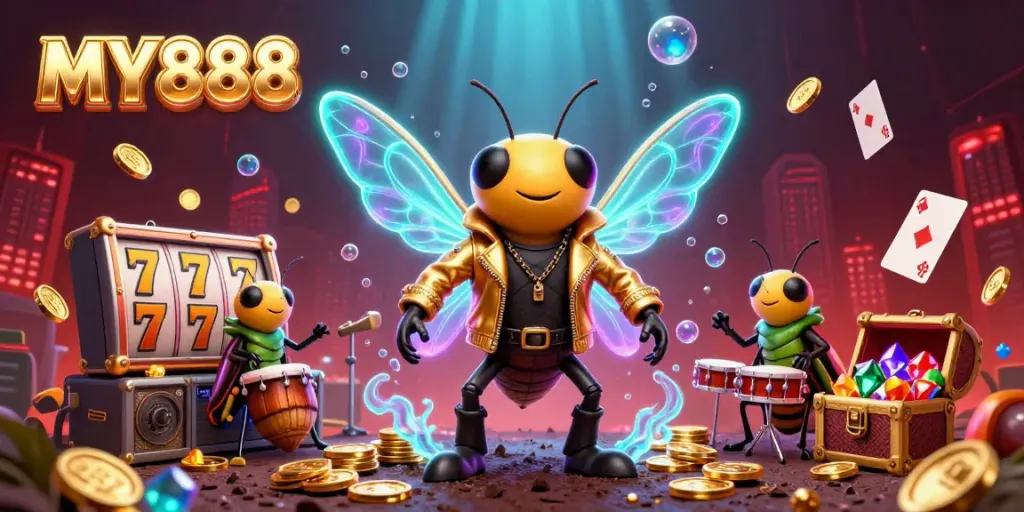 Experience the excitement of MY888 with a vibrant 3D casino scene featuring lively characters and engaging slot elements.