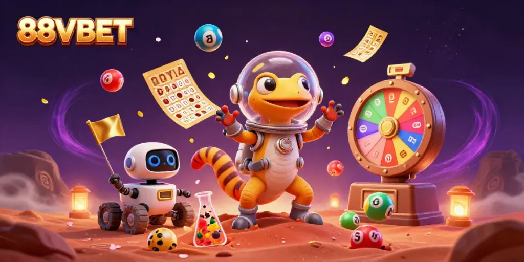 Engage with 88VBET in a cosmic casino adventure with vibrant colors and playful elements.