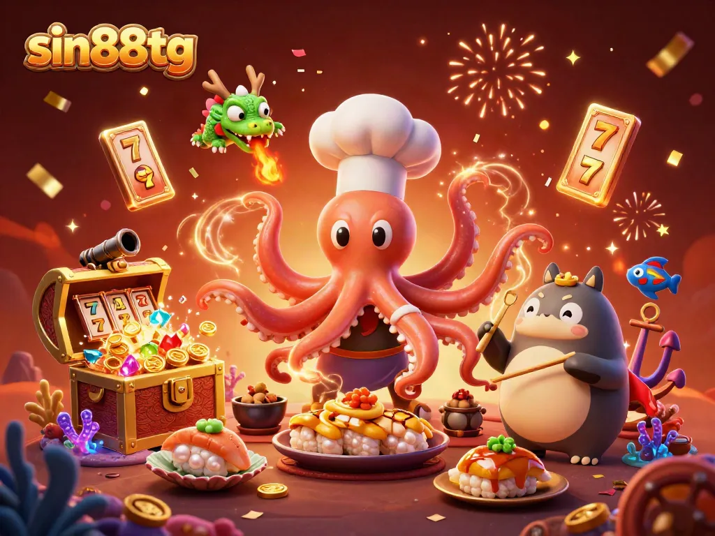 Experience the thrilling action of sin88tg with a vibrant 3D illustration showcasing an octopus chef and dragon in a casino setting.