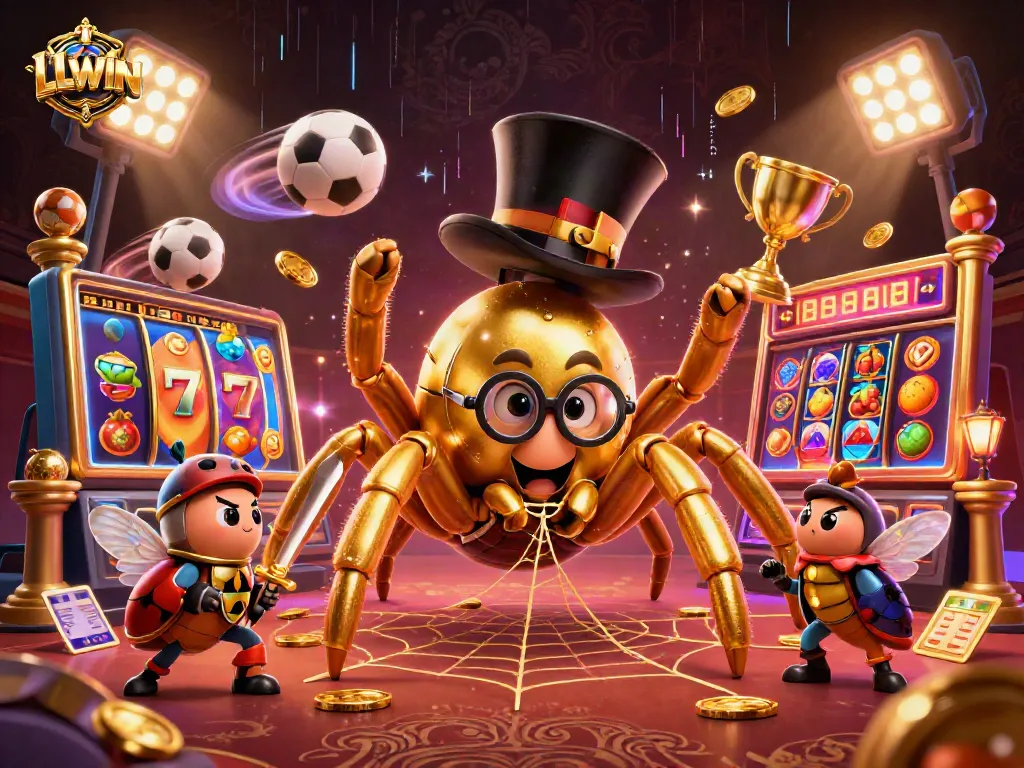 LLWIN engages players with a thrilling 3D cartoon scene of a golden tarantula weaving slots and sports elements together.