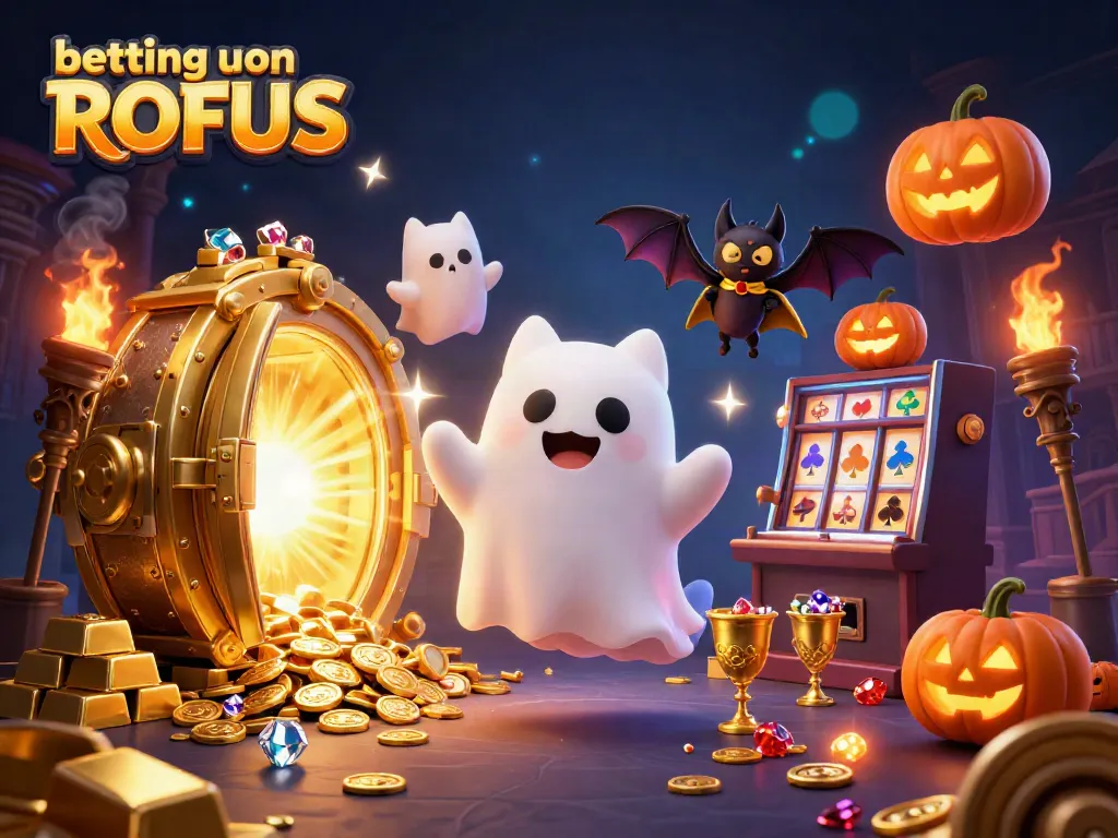 Betting uden om ROFUS showcases a lively scene with a friendly ghost cat and vampire bat in a haunted casino.