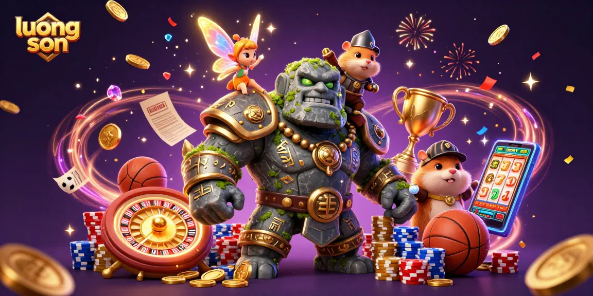 Experience thrilling moments with luong son as a stone golem, fairy, and hamster knight celebrate winning in a vibrant casino.