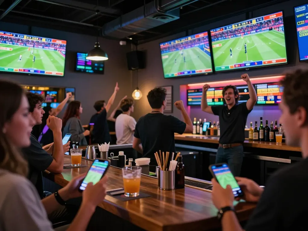 KQBD sports betting action with fans excitedly watching live matches and engaging with betting apps