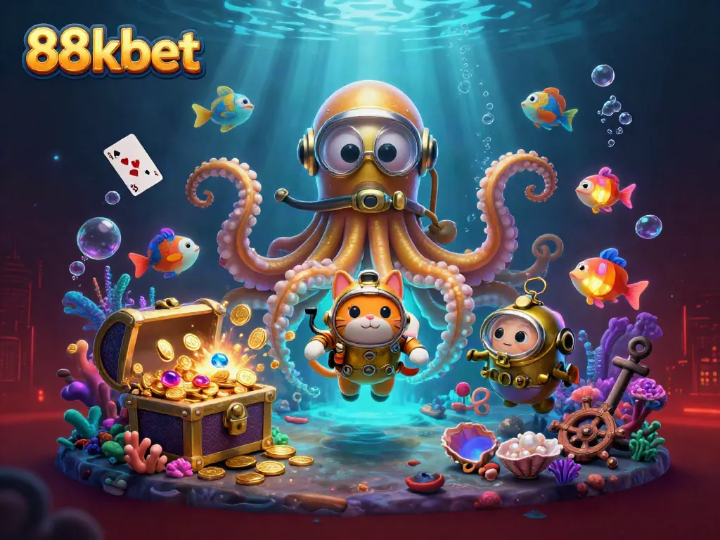 Experience thrilling gameplay with 88kbet's underwater casino adventure, featuring kraken, diving cat, and treasure.