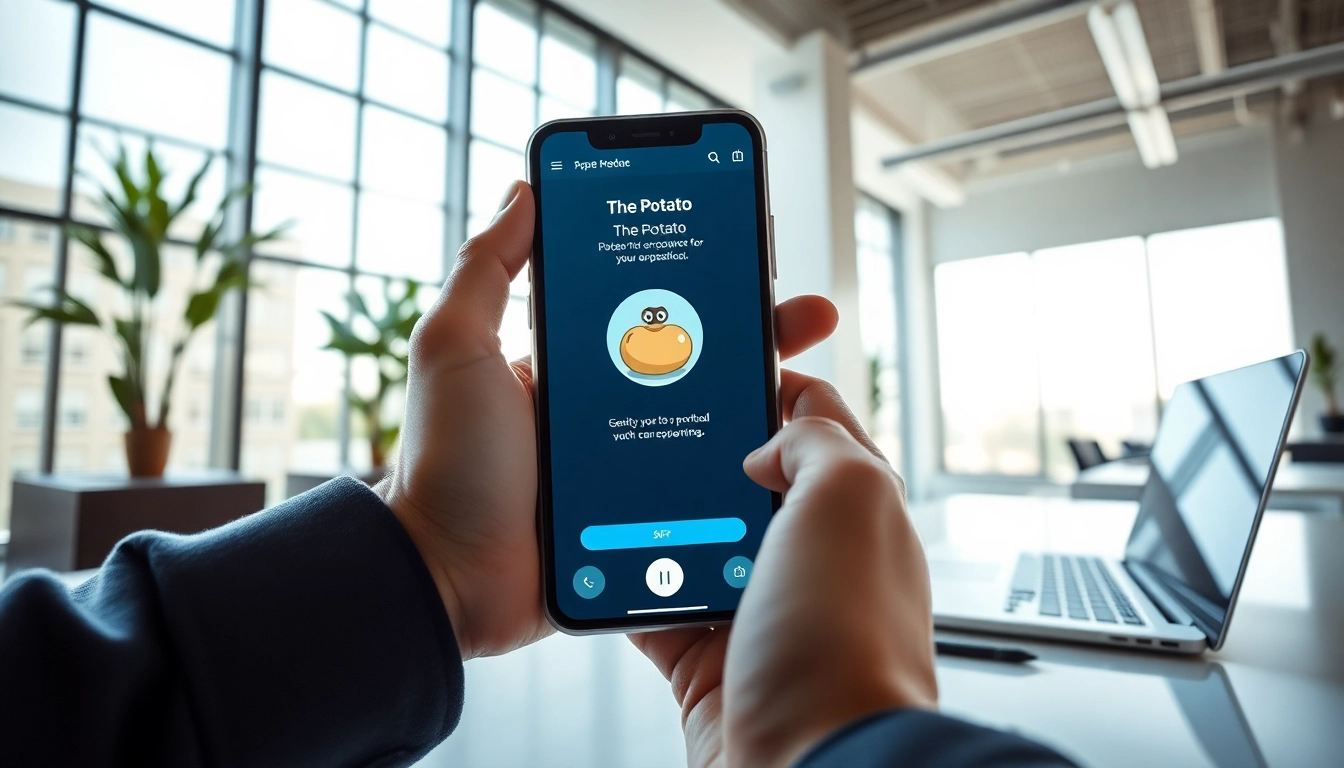 Experience Potato下载 with a modern workspace showcasing the app on a smartphone.