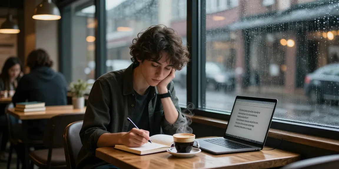Emotional scene of reflection at Rokok88 with coffee and journal in cozy café.