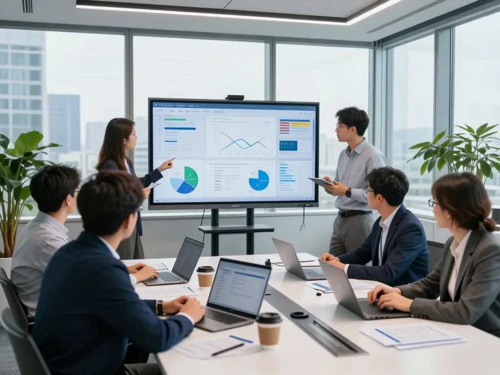 Team collaboration on HBET analysis in a modern conference room with data visuals and urban view.