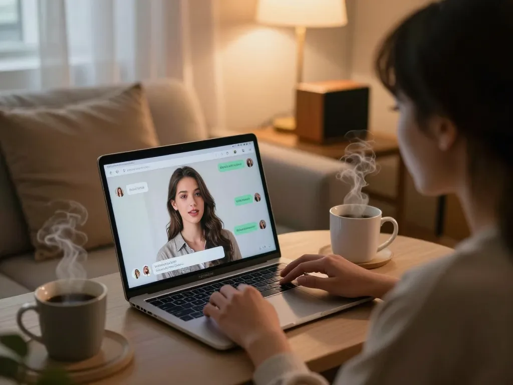 Engaging with girlfriend AI on a cozy couch, showcasing emotional connection.