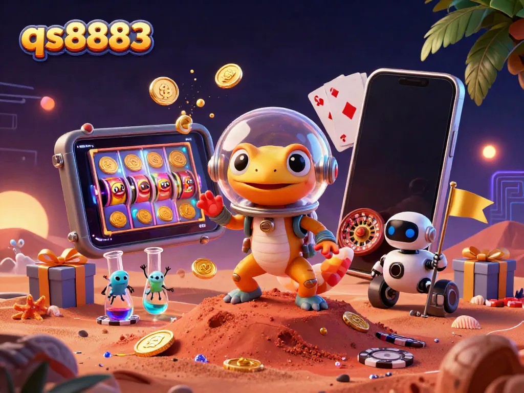 Engage with the vibrant qs8883 casino universe featuring a Martian gecko exploring a golden casino.