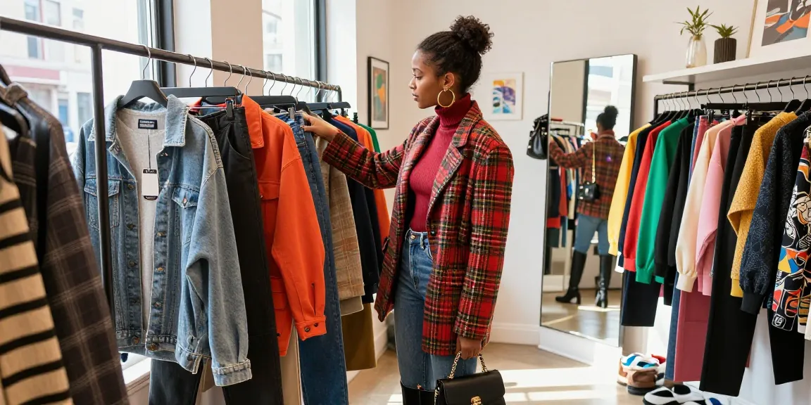 Fashion blog enthusiasts explore stylish clothing in a vibrant urban boutique.