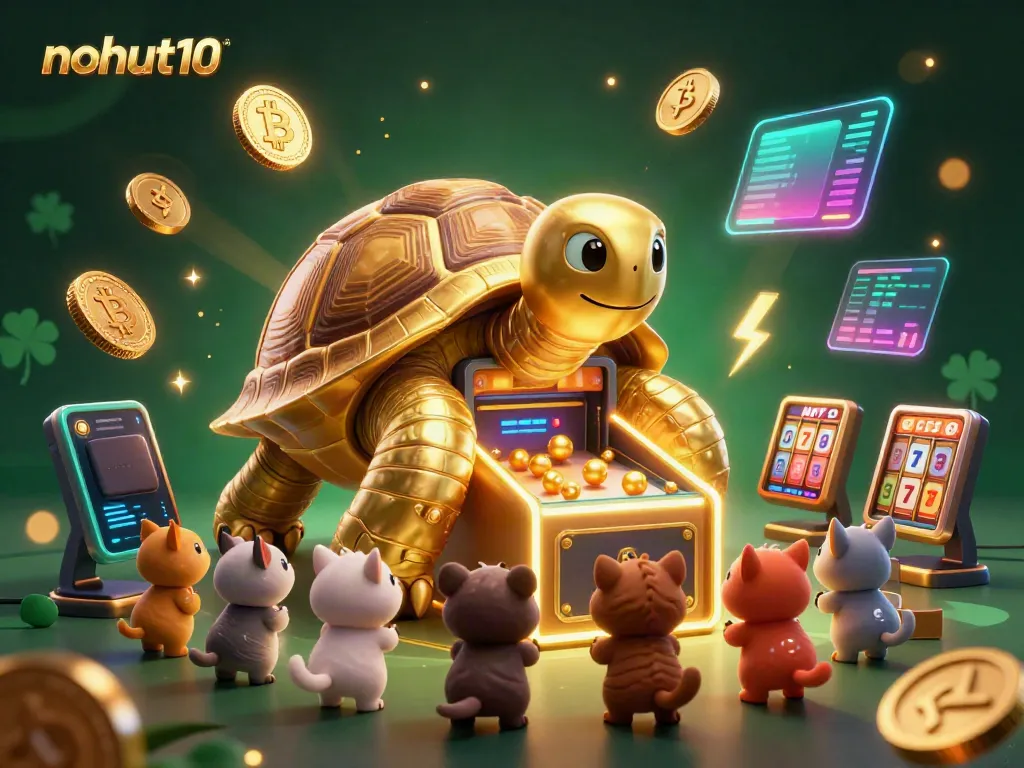 Engage in thrilling gaming activities at nohut10 with vibrant slot machine action and crypto elements.