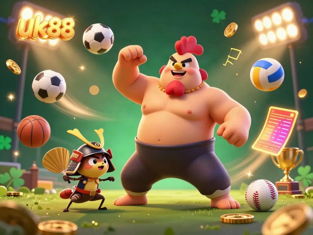 Experience the thrilling world of uk88 with a dynamic illustration of a sumo wrestler, samurai cricket, and tanuki amidst vibrant sports betting elements.