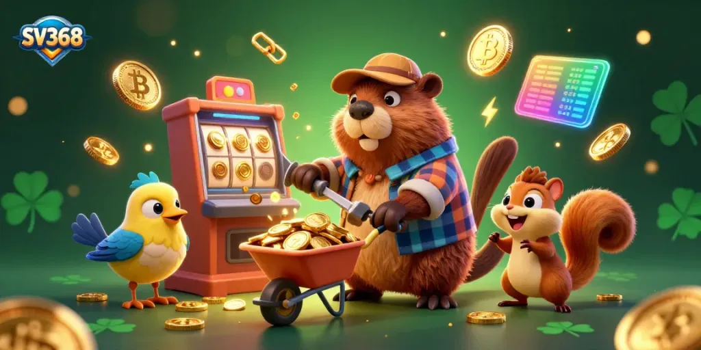 Engage with SV368's dynamic casino experience featuring a cheerful lumberjack beaver amidst gold and crypto elements.